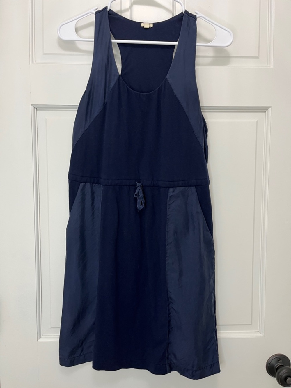 J Crew Navy Cotton Silk Mixed Media Dress Drawstring Waist Racerback Size XS